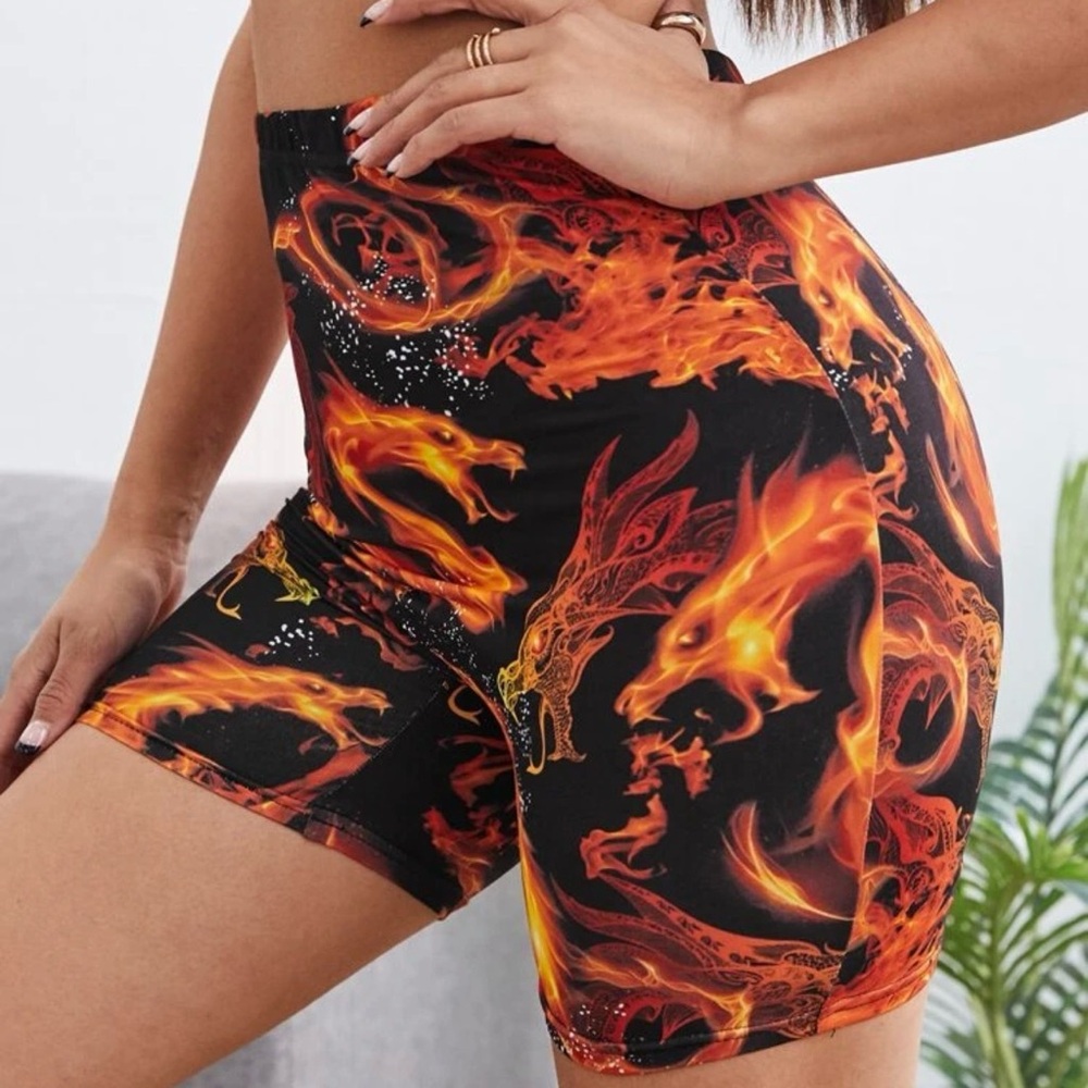 Women's Black and Orange Dragon Print Shorts